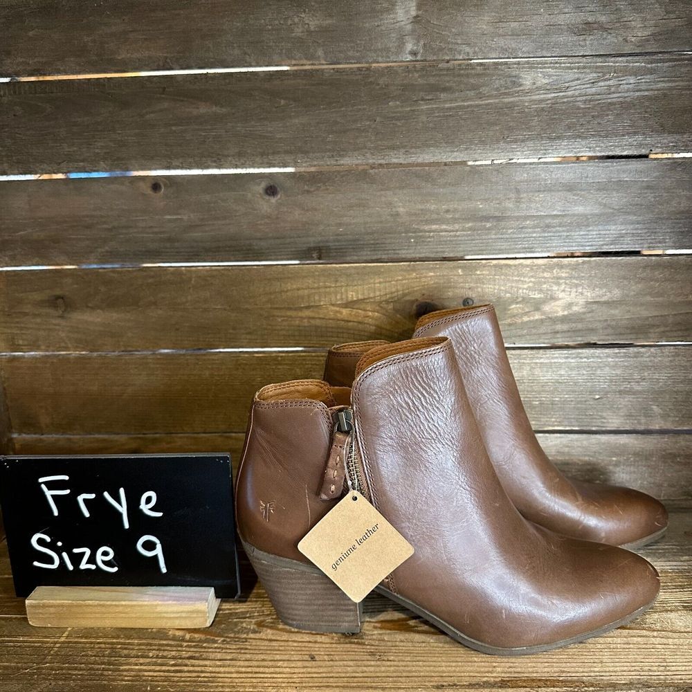 New Womens Frye Judith Zip‎ Brown Leather Heeled Ankle Booties Boots Size 9 M